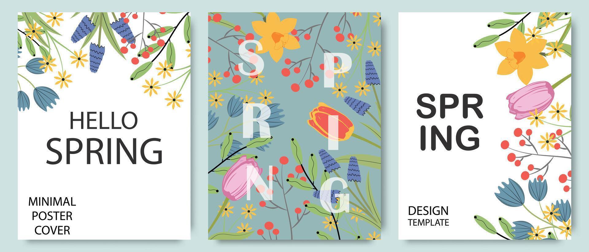 einstellen von modisch minimal Frühling Plakate mit schön handgemacht Blumen. Blumen- Frühling Sommer- Hintergrund, Abdeckung, Verkauf Banner, Postkarte, Flyer Design. vektor