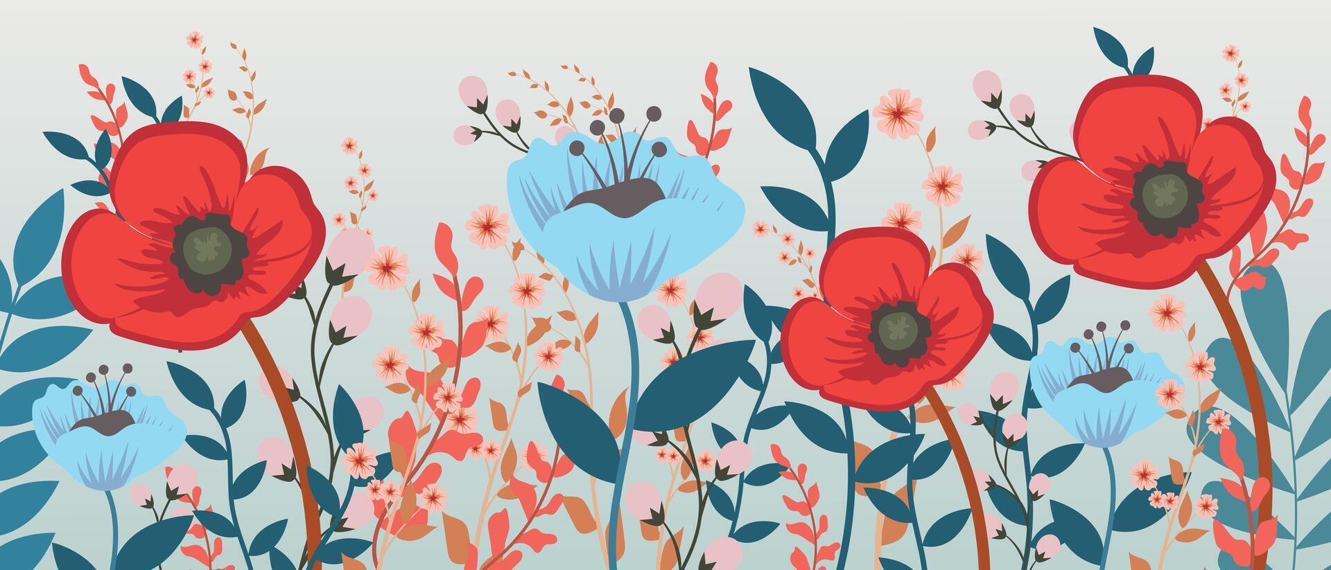 Frühling ist Hier, Vektor Karte mit hell Frühling Sommer- Blumen. Illustration mit Hand gezeichnet Blumen- Elemente.