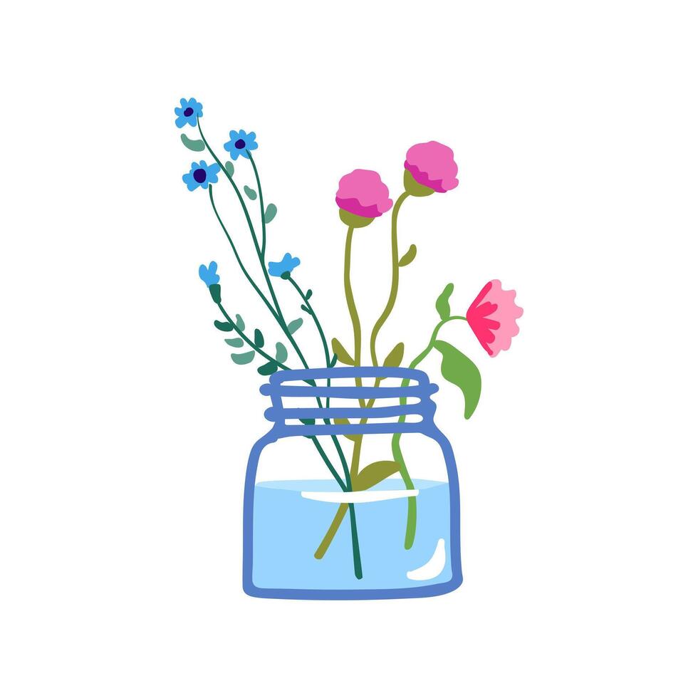 Wildblumen im Glas Vase. Frühling Blumen- Anlage, Feld blühen, Schnitt Wiese Stängel im Krug. zart fragil Sommer- Blumen, einfach wild Kräuter isoliert auf Weiß Hintergrund. Vektor Illustration