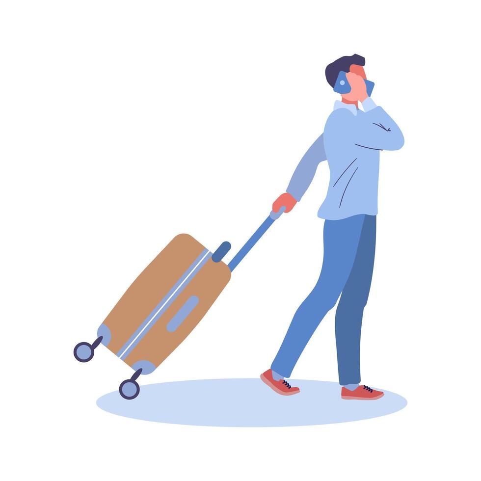 en ung man promenader med bagage och samtal på de telefon. gul väska på hjul. hand graw isolerat tecknad serie. vektor illustration