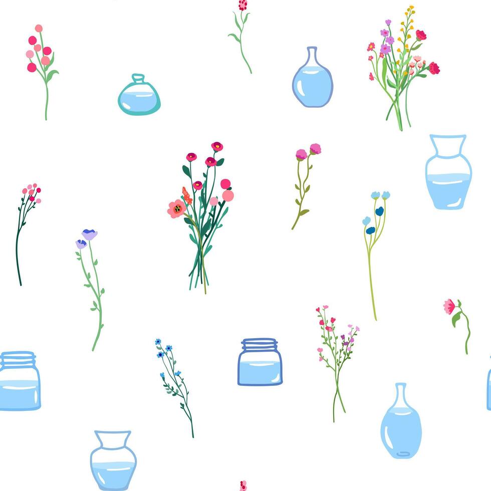 Frühling Blumen im Glas Vasen, nahtlos Muster. fragil Blumen- Stängel und Geäst, wiederholen drucken. Sommer- Blühen Pflanzen. vektor