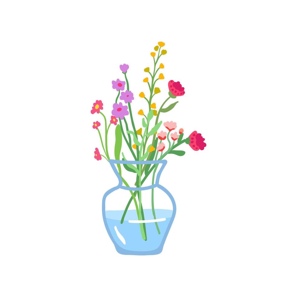 Frühling Blumen im Vase. sanft Feld Blumen- Pflanzen. frisch blüht. einfach fragil wild blüht. Schnitt Wiese Wildblumen Strauß, Stängel isoliert auf Weiß Hintergrund. Vektor Illustration