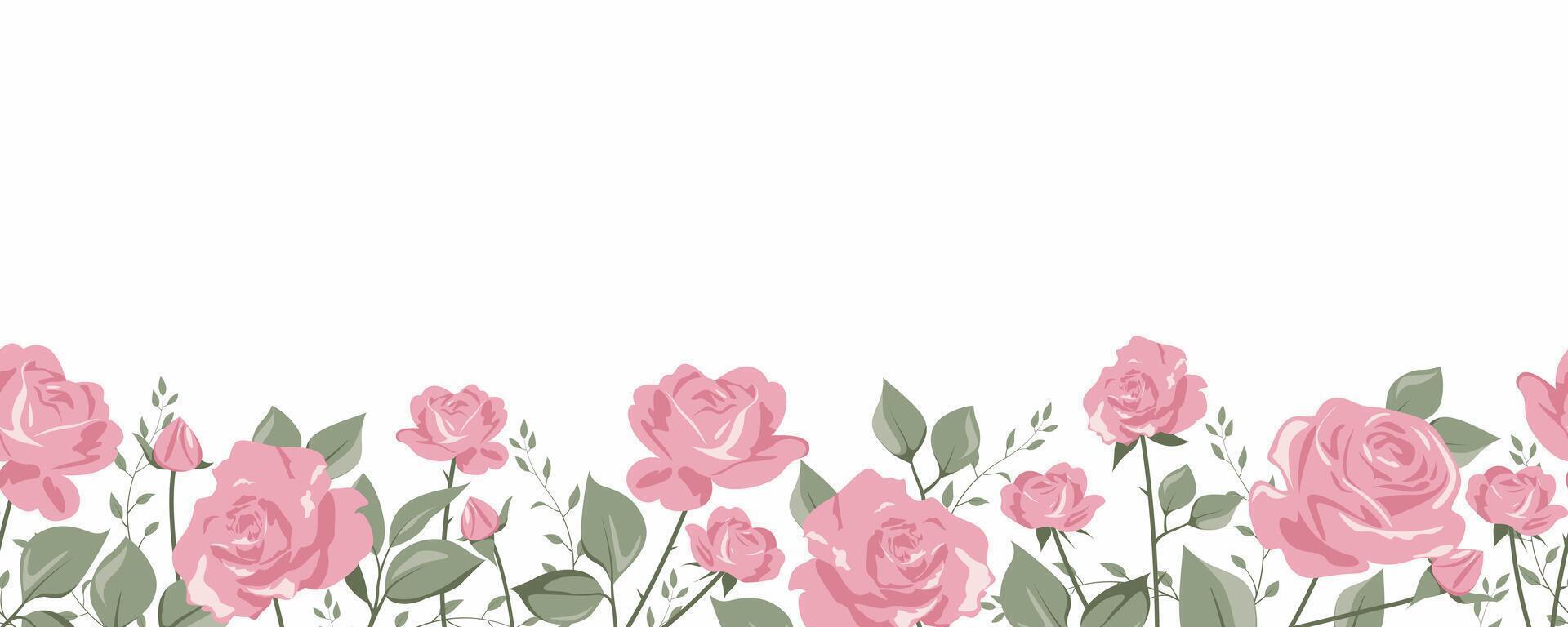 blommig gräns sömlös mönster. söt horisontell baner med hand dragen blomning rosor. vektor illustration på vit bakgrund