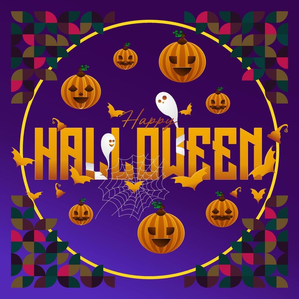 glücklich Halloween Hintergrund im geometrisch Stil. glücklich Halloween Startseite mit Kürbisse, Spinne Bahnen und Typografie. geeignet zum Poster, Gruß Karten und Party Einladungen zum Halloween Feierlichkeiten vektor