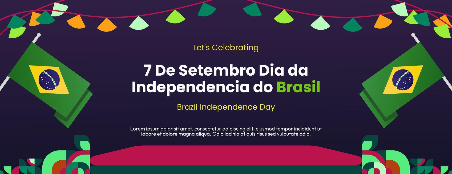 Brasilien oberoende dag baner i modern färgrik geometrisk stil. nationell oberoende dag hälsning kort med typografi. horisontell bakgrund för nationell Semester firande fest vektor