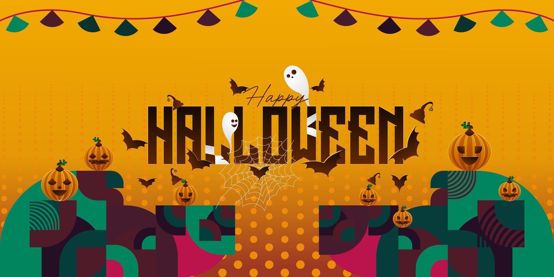 Lycklig halloween bakgrund i geometrisk stil. Lycklig halloween omslag med pumpor, Spindel banor och typografi. lämplig för affischer, hälsning kort och fest inbjudningar för halloween fester vektor