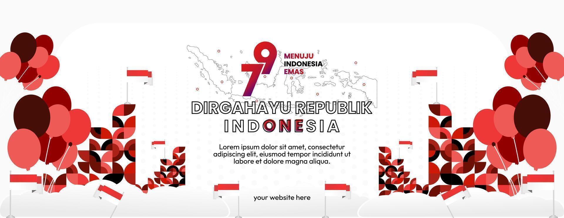 glücklich indonesisch Unabhängigkeit Tag Hintergrund im geometrisch Stil. glücklich Indonesien National Tag Startseite mit Typografie. Vektor Illustration. geeignet zum Gruß Karten, Anzeigen Banner und Party Einladungen
