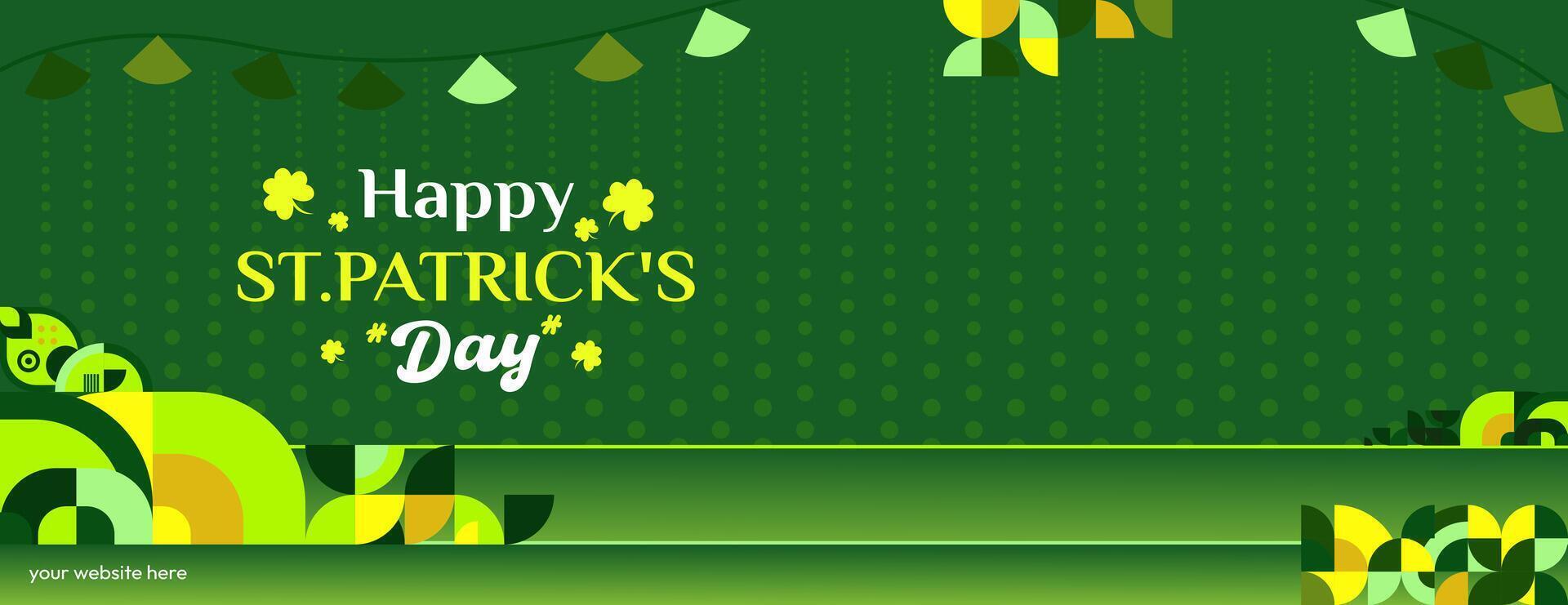 glücklich st Patrick's Tag Banner im modern geometrisch Stil. großartig zum Gruß Abdeckungen, Sozial Plakate und st Patrick's Tag Feier Party Einladungen mit Text. Vektor Illustration