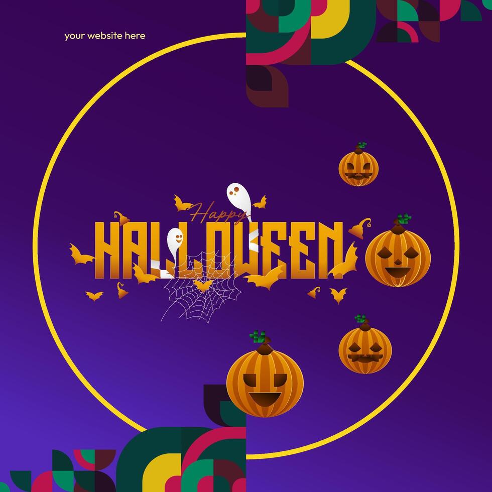 Lycklig halloween bakgrund i geometrisk stil. Lycklig halloween omslag med pumpor, Spindel banor och typografi. lämplig för affischer, hälsning kort och fest inbjudningar för halloween fester vektor