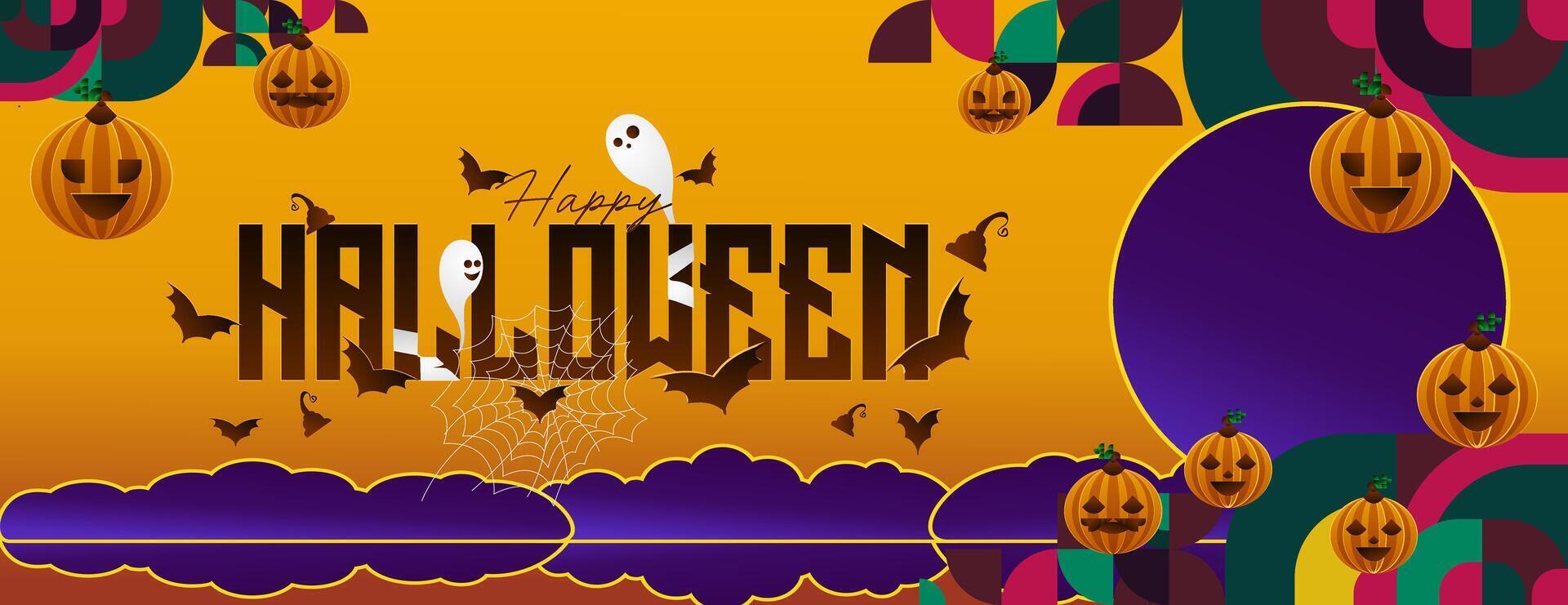 Lycklig halloween horisontell bakgrund i geometrisk stil. Lycklig halloween omslag med pumpor, Spindel banor och typografi. lämplig för hälsning kort och fest inbjudningar för halloween fester vektor