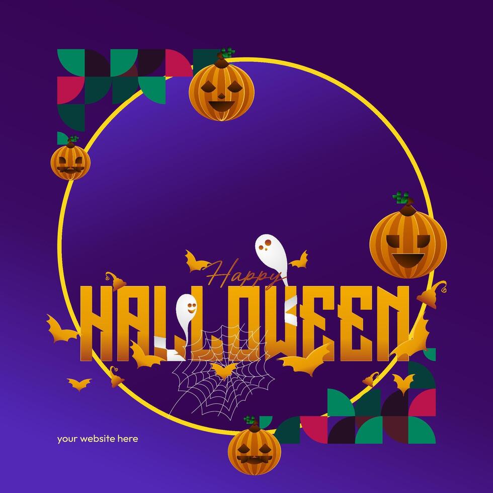 glücklich Halloween Hintergrund im geometrisch Stil. glücklich Halloween Startseite mit Kürbisse, Spinne Bahnen und Typografie. geeignet zum Poster, Gruß Karten und Party Einladungen zum Halloween Feierlichkeiten vektor