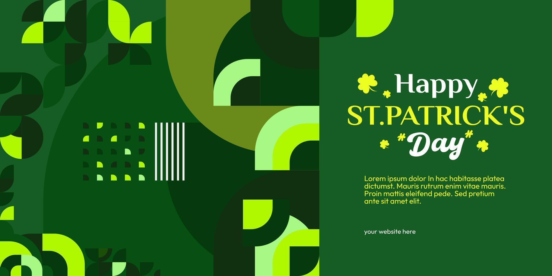 glücklich st Patrick's Tag Banner im modern geometrisch Stil. großartig zum Gruß Abdeckungen, Sozial Plakate und st Patrick's Tag Feier Party Einladungen mit Text. Vektor Illustration