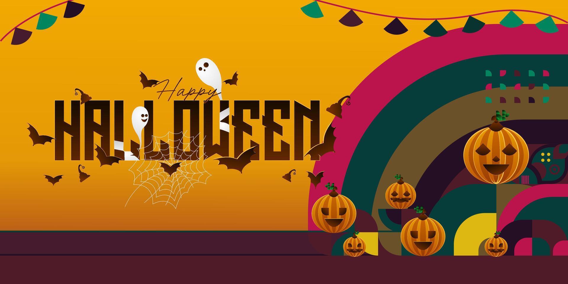 glücklich Halloween Hintergrund im geometrisch Stil. glücklich Halloween Startseite mit Kürbisse, Spinne Bahnen und Typografie. geeignet zum Poster, Gruß Karten und Party Einladungen zum Halloween Feierlichkeiten vektor