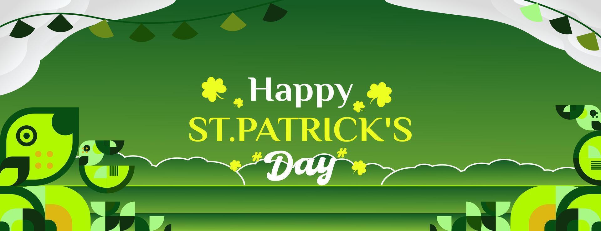 glücklich st Patrick's Tag Banner im modern geometrisch Stil. großartig zum Gruß Abdeckungen, Sozial Plakate und st Patrick's Tag Feier Party Einladungen mit Text. Vektor Illustration