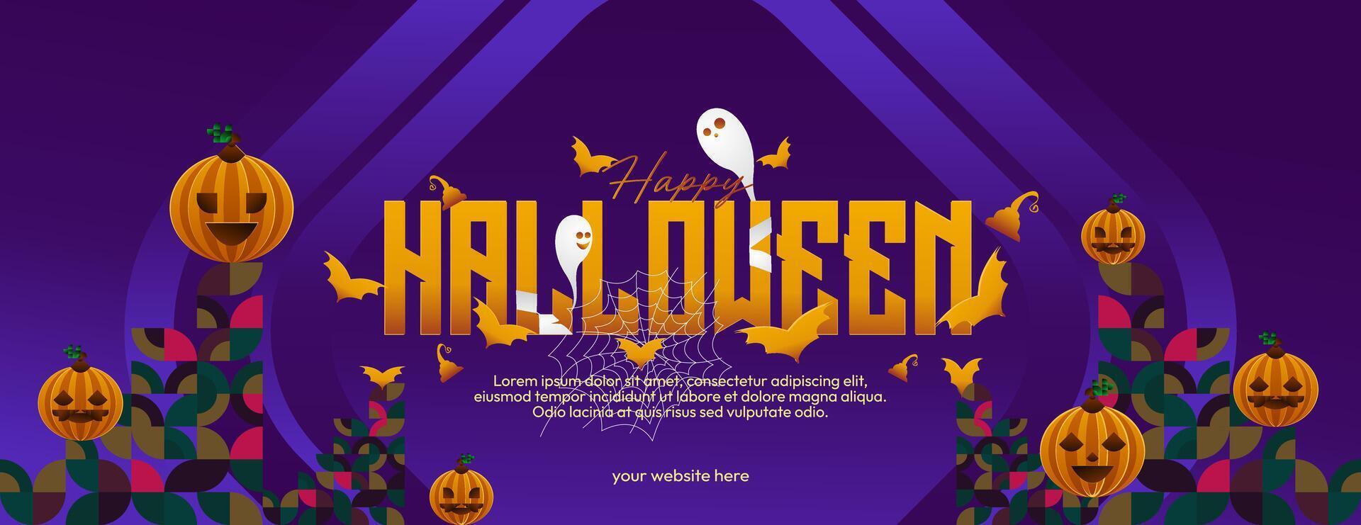 glücklich Halloween horizontal Hintergrund im geometrisch Stil. glücklich Halloween Startseite mit Kürbisse, Spinne Bahnen und Typografie. geeignet zum Gruß Karten und Party Einladungen zum Halloween Feierlichkeiten vektor