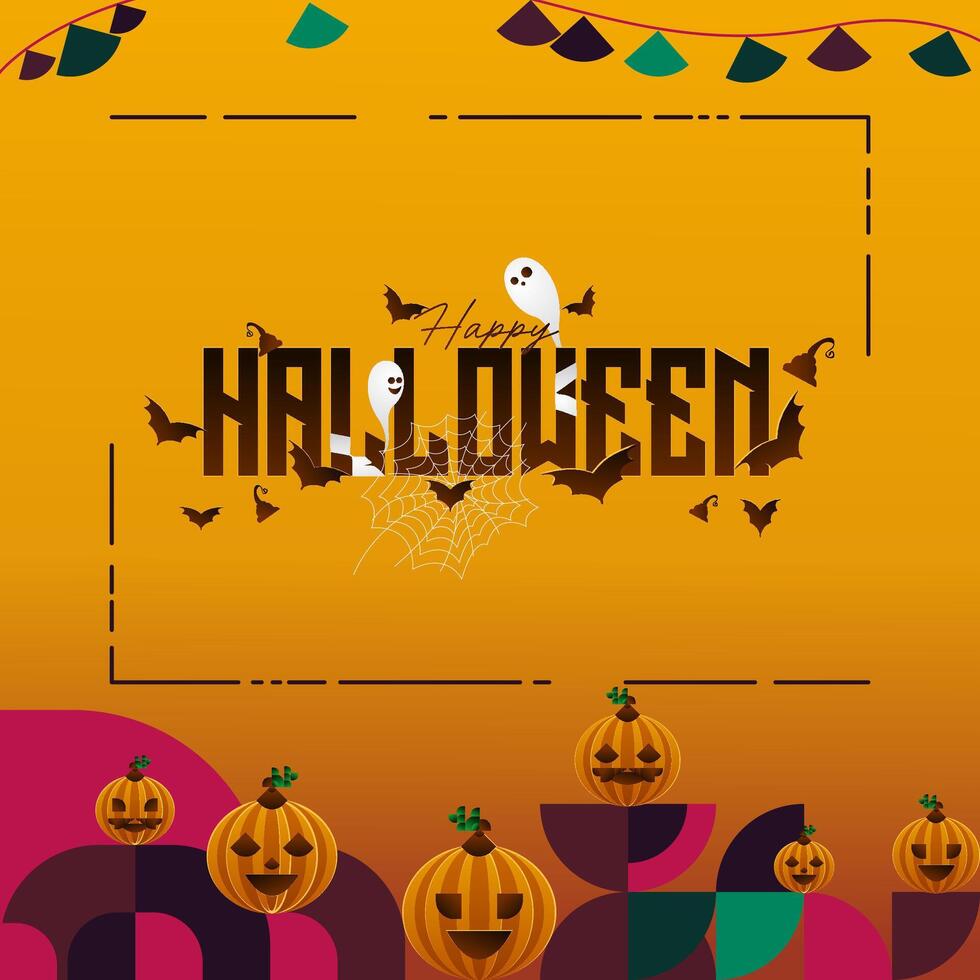 glücklich Halloween Hintergrund im geometrisch Stil. glücklich Halloween Startseite mit Kürbisse, Spinne Bahnen und Typografie. geeignet zum Poster, Gruß Karten und Party Einladungen zum Halloween Feierlichkeiten vektor