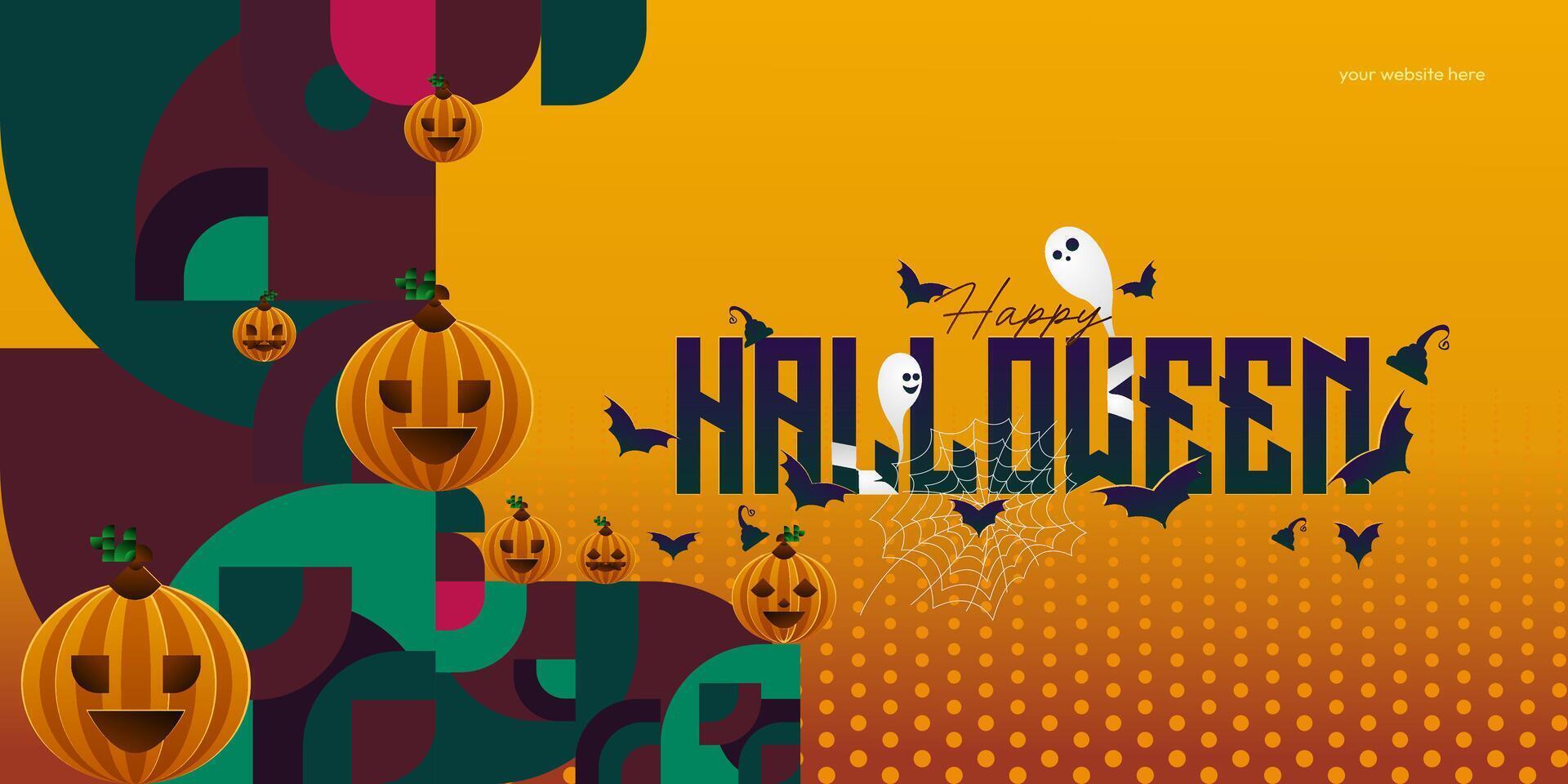 Lycklig halloween bakgrund i geometrisk stil. Lycklig halloween omslag med pumpor, Spindel banor och typografi. lämplig för affischer, hälsning kort och fest inbjudningar för halloween fester vektor