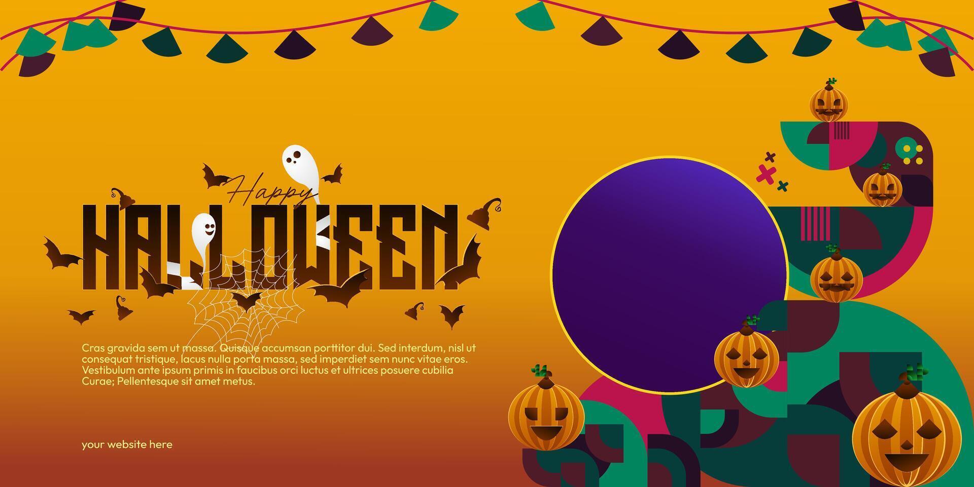 Lycklig halloween bakgrund i geometrisk stil. Lycklig halloween omslag med pumpor, Spindel banor och typografi. lämplig för affischer, hälsning kort och fest inbjudningar för halloween fester vektor