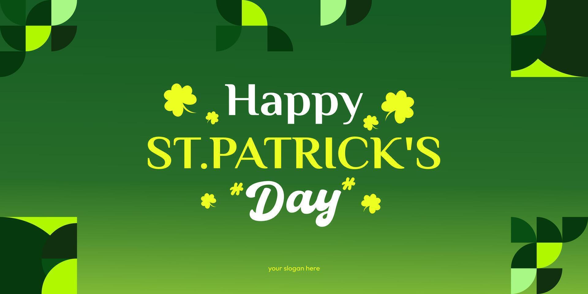 glücklich st Patrick's Tag Banner im modern geometrisch Stil. großartig zum Gruß Abdeckungen, Sozial Plakate und st Patrick's Tag Feier Party Einladungen mit Text. Vektor Illustration