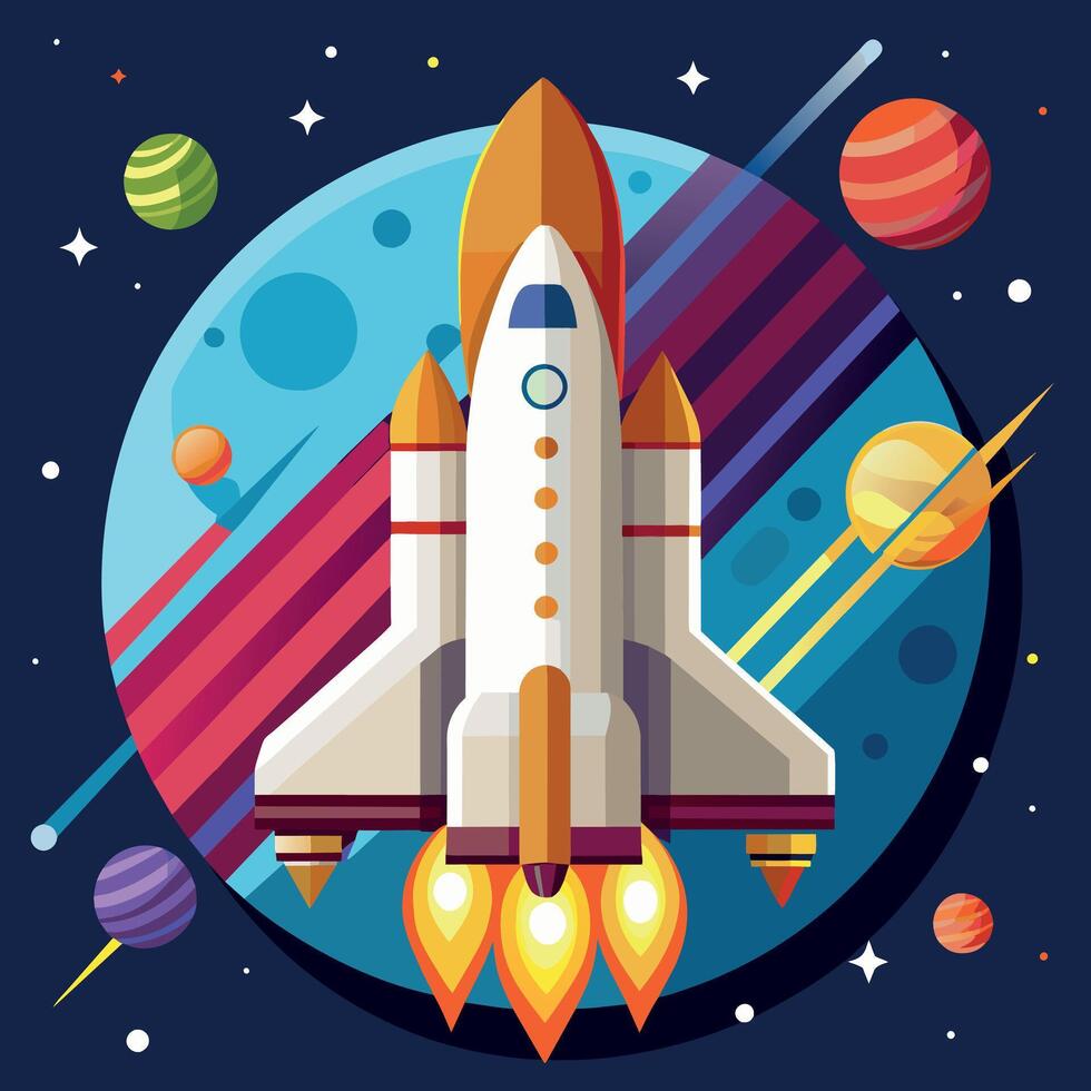 ein bunt Karikatur abbilden Raum Shuttle Erkundung auf ein Mond Ausflug Route. Illustration von ein Raum Shuttle und beschwingt Bild vektor
