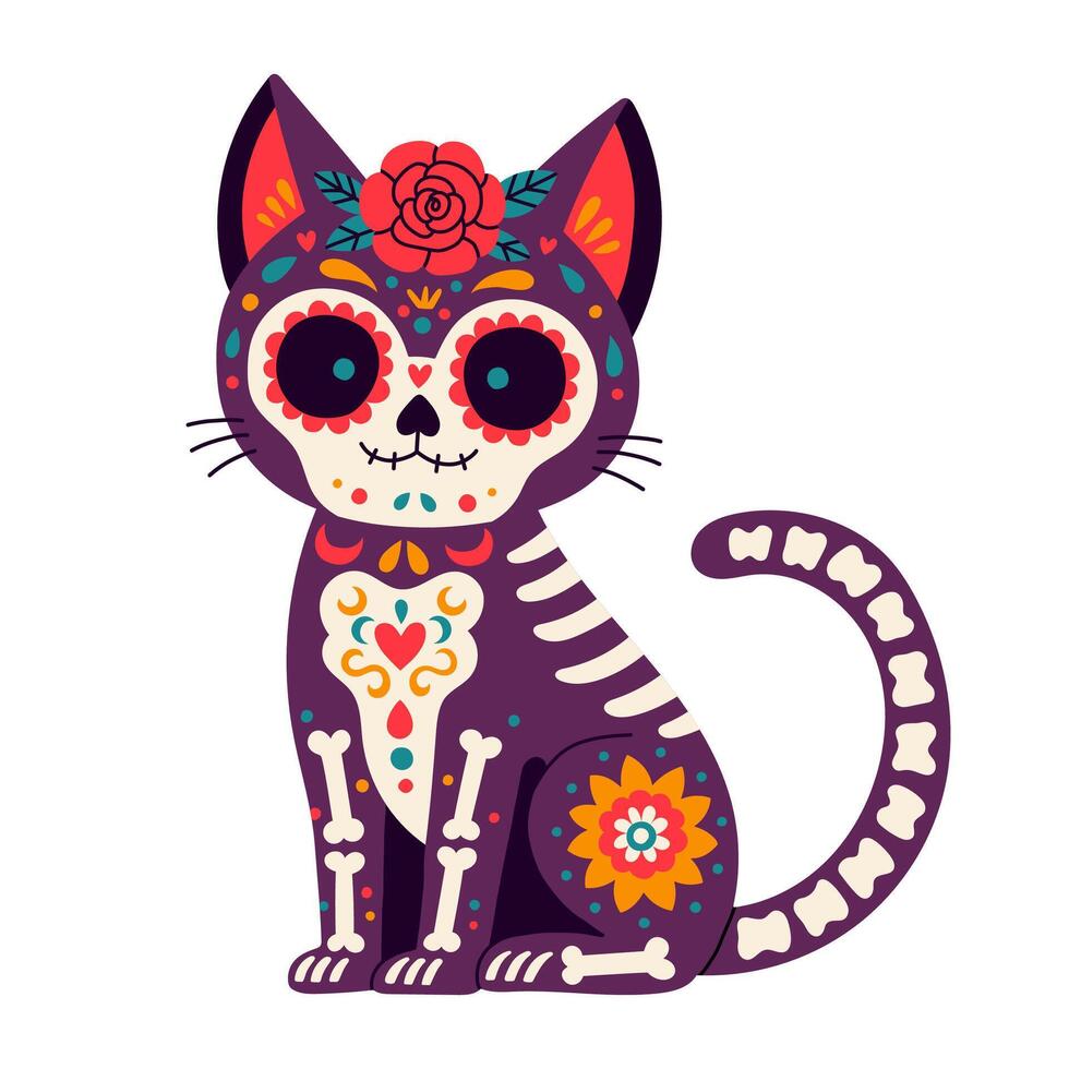 Tag von das tot, dia de los Muertos, Katze Schädel und Skelett dekoriert mit bunt Mexikaner Elemente und Blumen. fest, Halloween, Urlaub Poster, Party. Vektor Illustration.