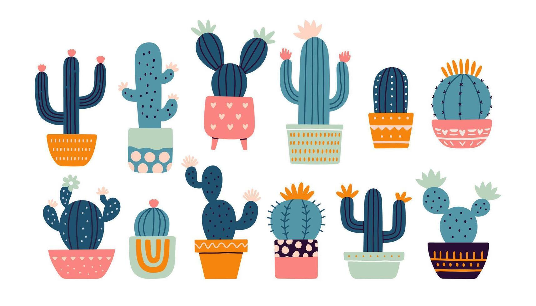 kaktus uppsättning. mexikansk kaktus i pott. öken- taggig växt, mexico kaktusar blomma och tropisk Hem växter eller arizona sommar klimat trädgård kaktusar. flora isolerat vektor klistermärken samling