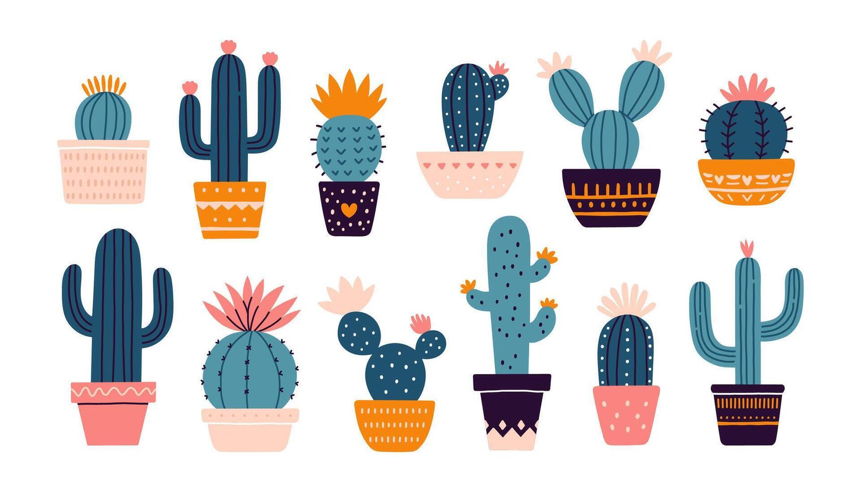 kaktus uppsättning. mexikansk kaktus i pott. öken- taggig växt, mexico kaktusar blomma och tropisk Hem växter eller arizona sommar klimat trädgård kaktusar. flora isolerat vektor klistermärken samling