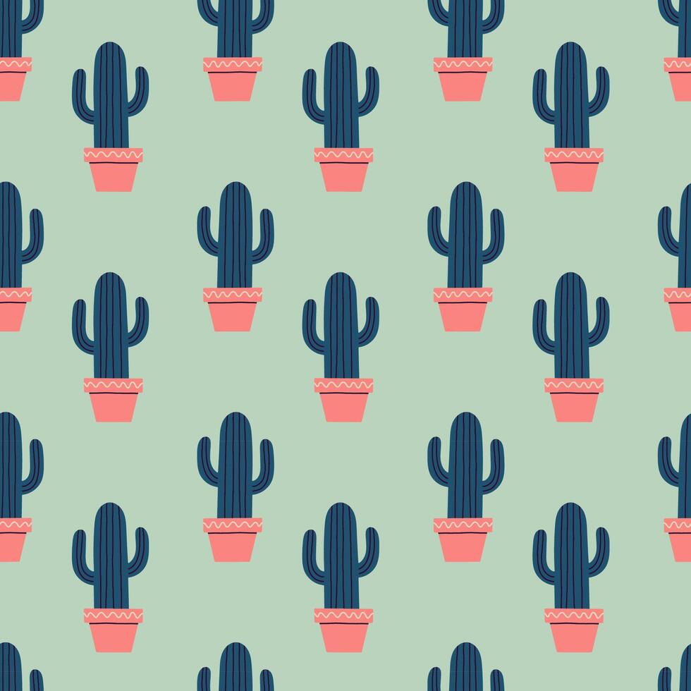 söt kaktus sömlös mönster. mexikansk kaktus i pott. öken- taggig växt, mexico kaktusar blomma och tropisk Hem växter. flora isolerat vektor mönster