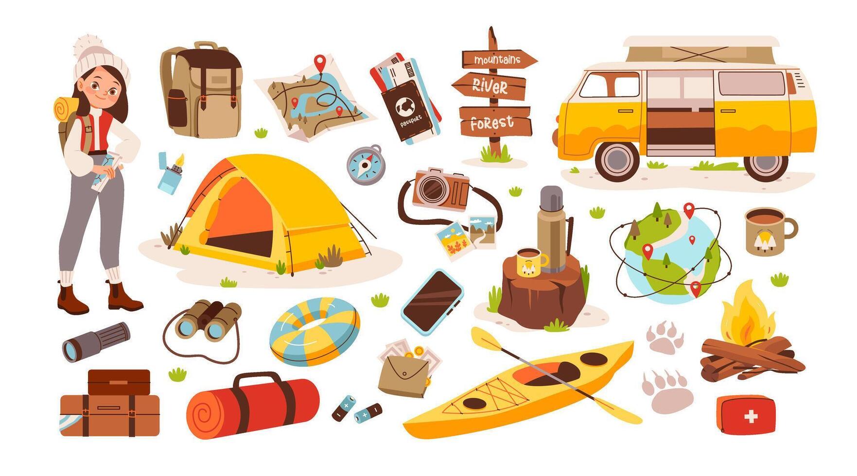 bündeln Wandern Sammlung. Wandern Camping Artikel. Tourist mit Rucksack und Reise Artikel. Karikatur Vektor Illustration