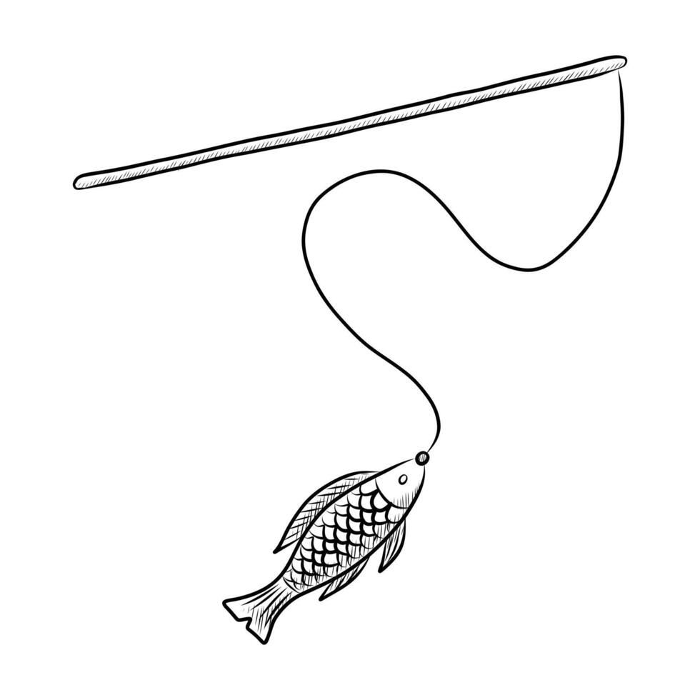 svart och vit vektor teckning av en leksak i de form av en fisk på en fiske stång för husdjur