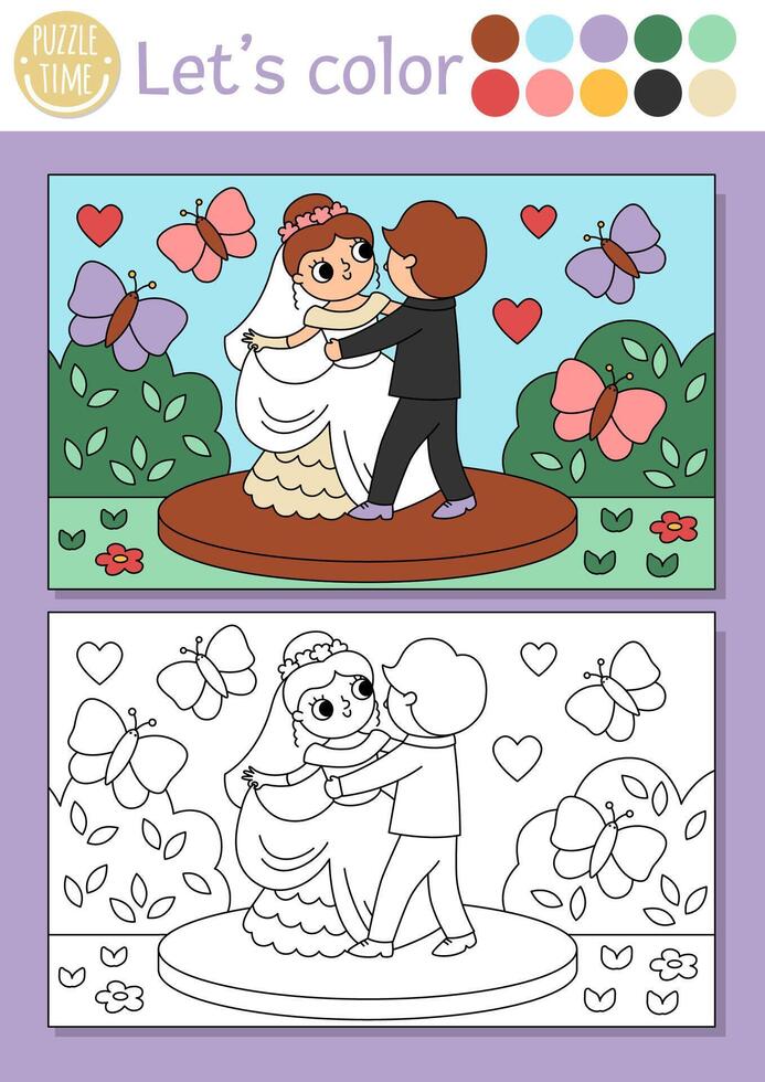 bröllop färg sida för barn med söt dans bara gift par. vektor äktenskap ceremoni Färg bok för barn med brud, brudgum och färgad exempel. teckning Kompetens tryckbar kalkylblad