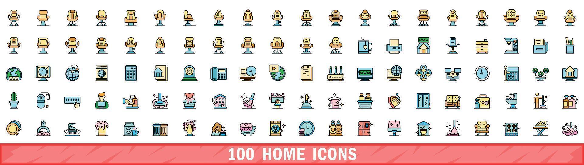 100 Hem ikoner uppsättning, Färg linje stil vektor