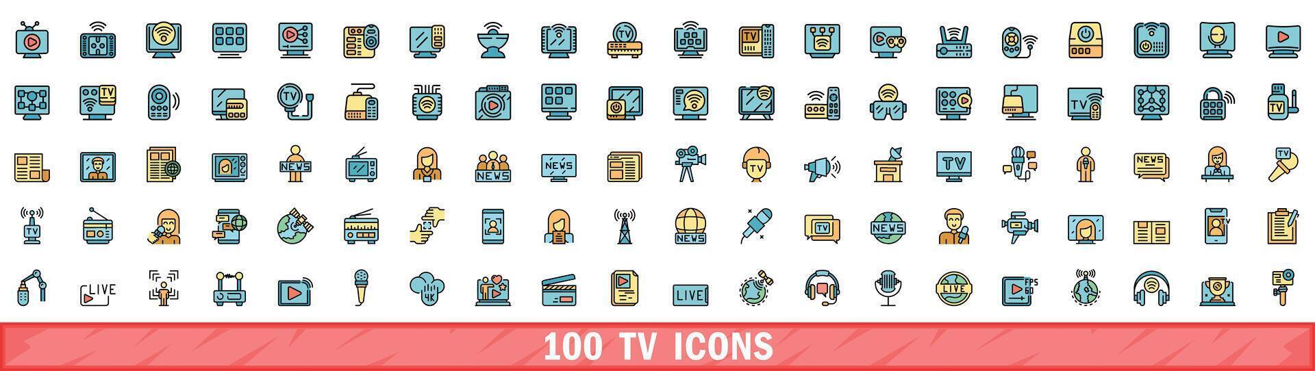 100 TV ikoner uppsättning, Färg linje stil vektor