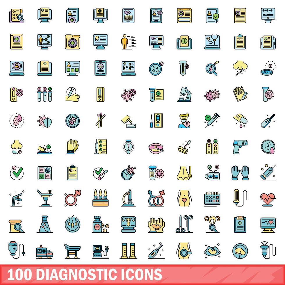 100 diagnostisk ikoner uppsättning, Färg linje stil vektor