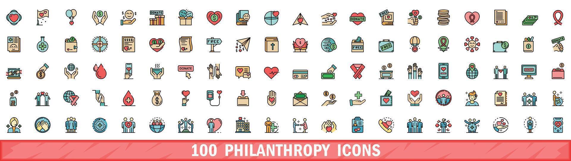 100 filantropi ikoner uppsättning, Färg linje stil vektor
