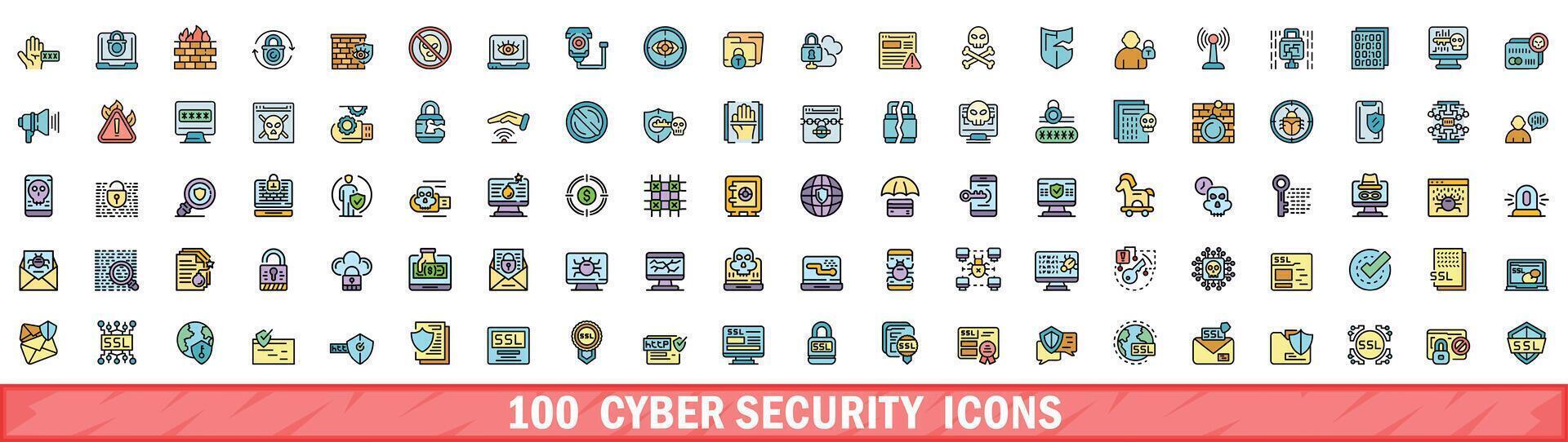 100 cyber säkerhet ikoner uppsättning, Färg linje stil vektor