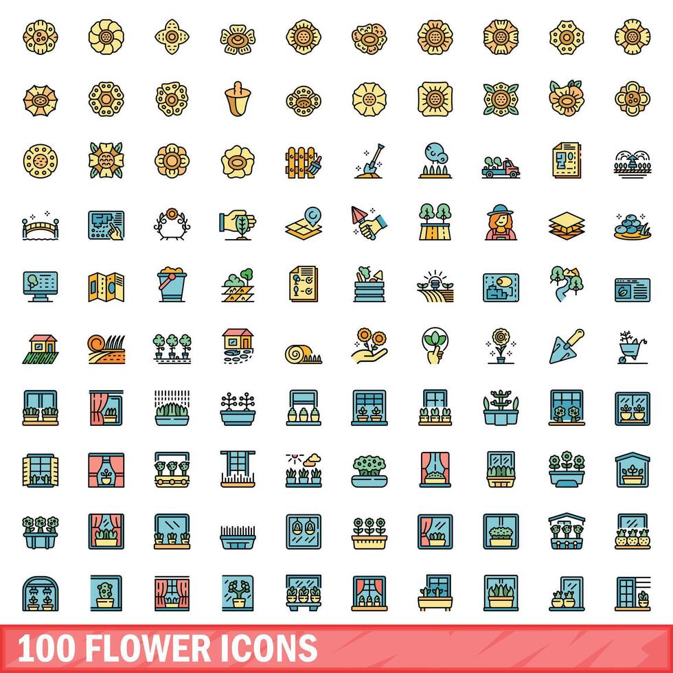 100 blomma ikoner uppsättning, Färg linje stil vektor