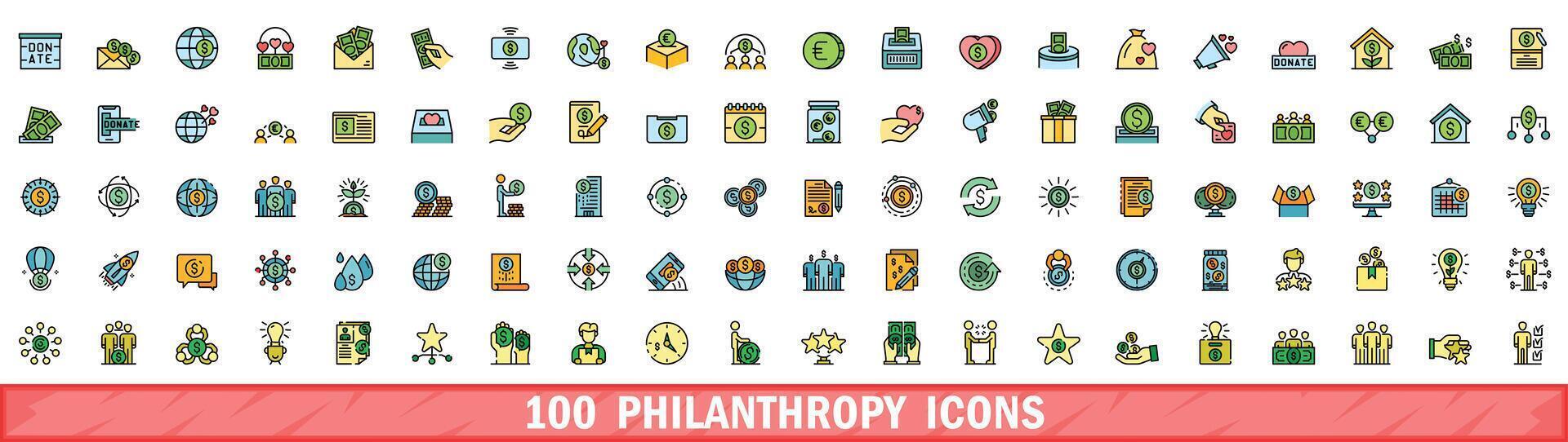 100 filantropi ikoner uppsättning, Färg linje stil vektor