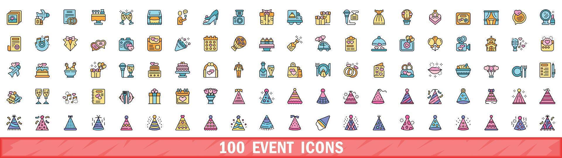 100 händelse ikoner uppsättning, Färg linje stil vektor