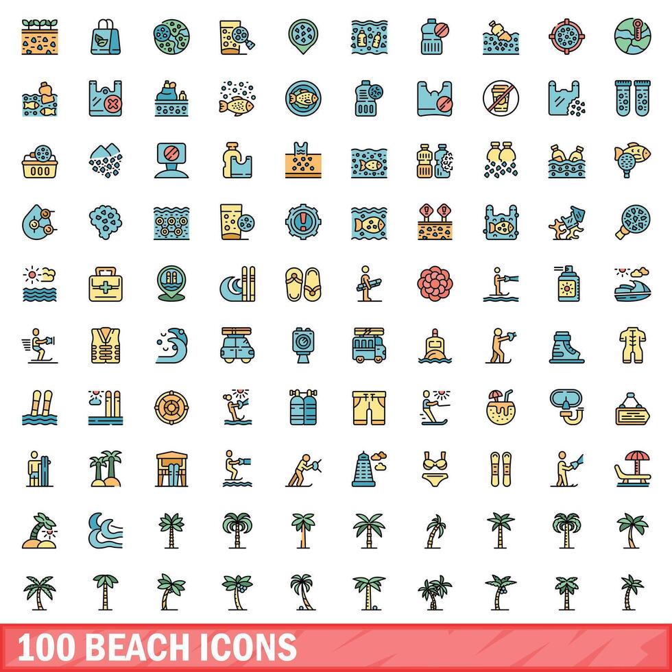 100 strand ikoner uppsättning, Färg linje stil vektor