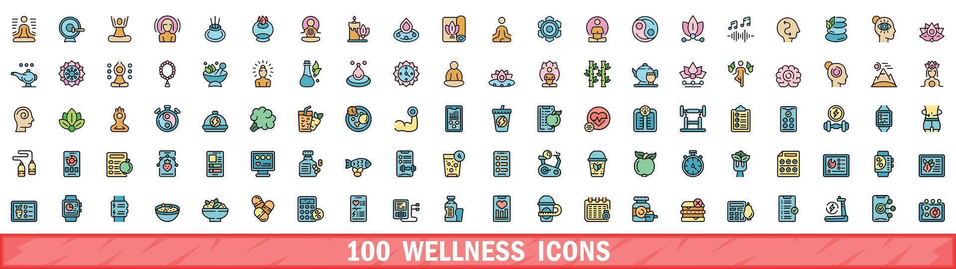 100 wellness ikoner uppsättning, Färg linje stil vektor