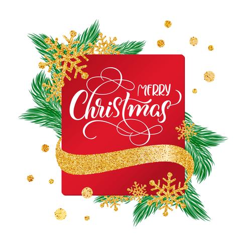 Kalligraphische frohe Weihnachten, die verzierten Text auf rotem Rahmenhintergrund mit Goldschneeflocken beschriftet. Urlaubsgefühl vektor