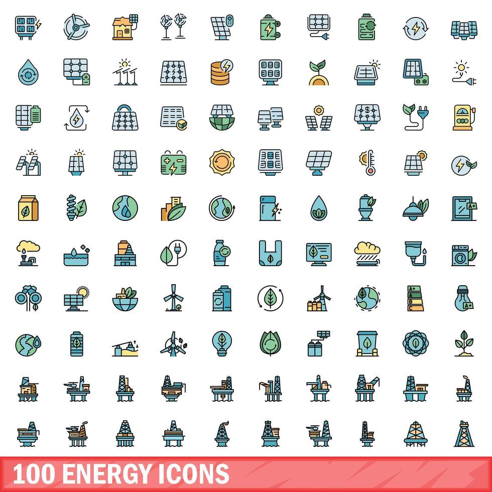 100 energi ikoner uppsättning, Färg linje stil vektor