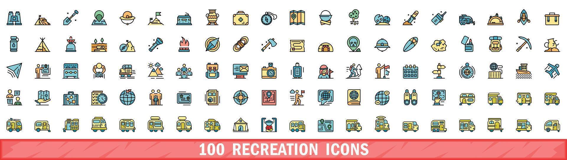 100 rekreation ikoner uppsättning, Färg linje stil vektor
