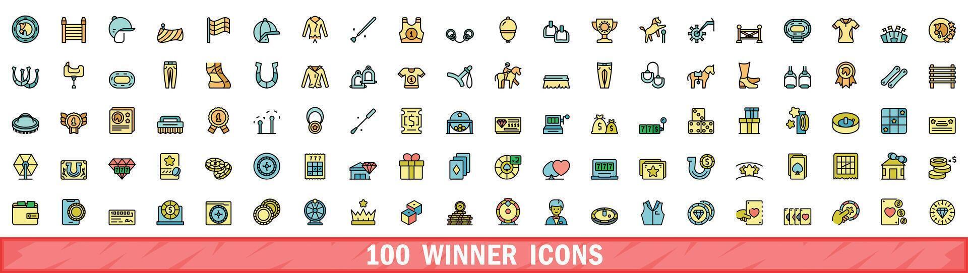 100 vinnare ikoner uppsättning, Färg linje stil vektor