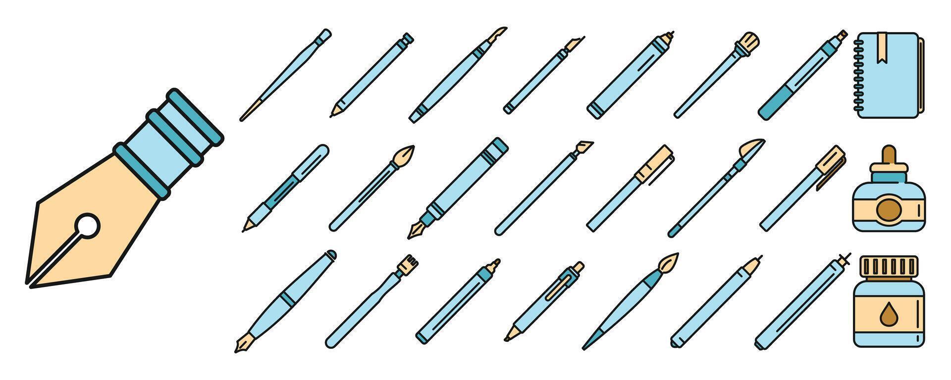 Kalligraphie Werkzeuge Symbole einstellen Vektor Farbe
