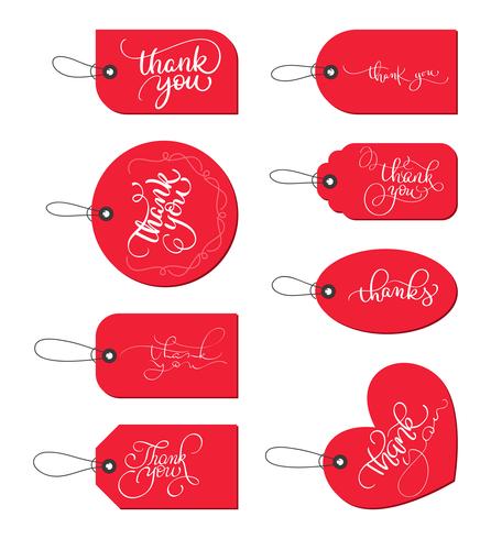 Samling uppsättning av röda pappers presentkort med text Tack. Kalligrafi bokstäver handgjord text. Vektor illustration EPS10