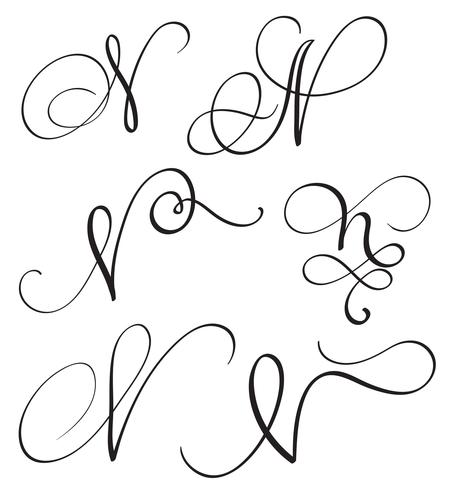 uppsättning konst kalligrafi brev N med blomning av vintage dekorativa whorls. Vektor illustration EPS10