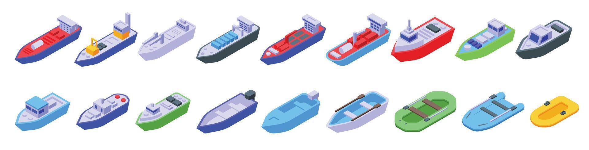 fiskare fartyg ikoner uppsättning isometrisk vektor. hav vatten Strand vektor