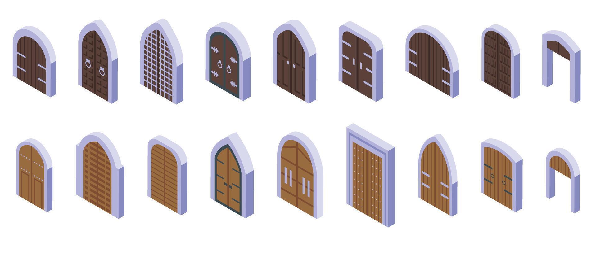 slott Port ikoner uppsättning isometrisk vektor. medeltida hålan dörr vektor